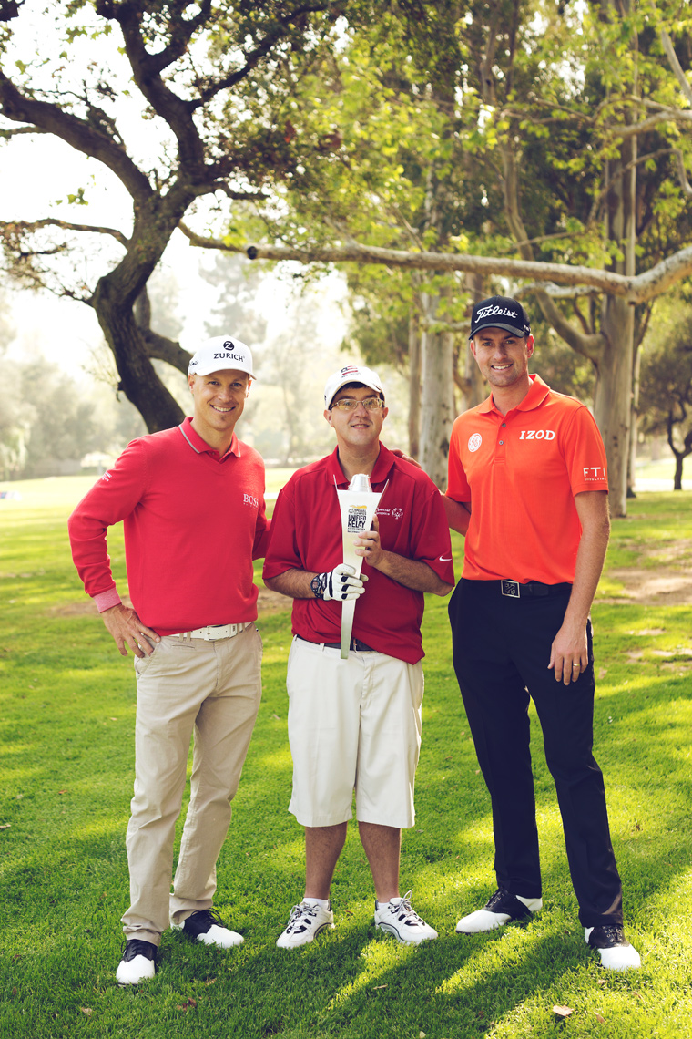 ben crane and webb simpson with special olympics athlete holding torch, washington dc commercial photography