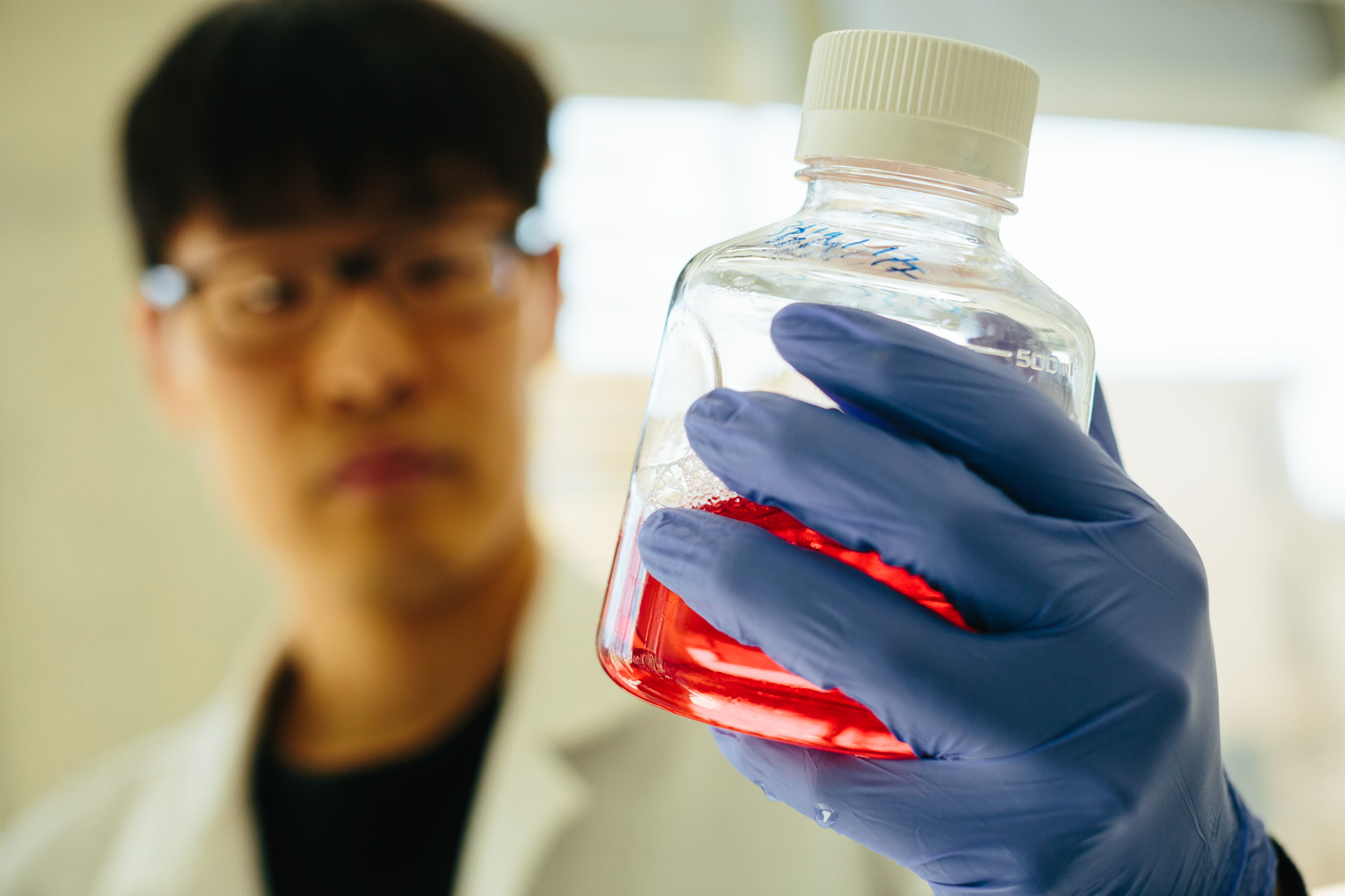 lab student with gloves holding red liquid for washington dc university photography