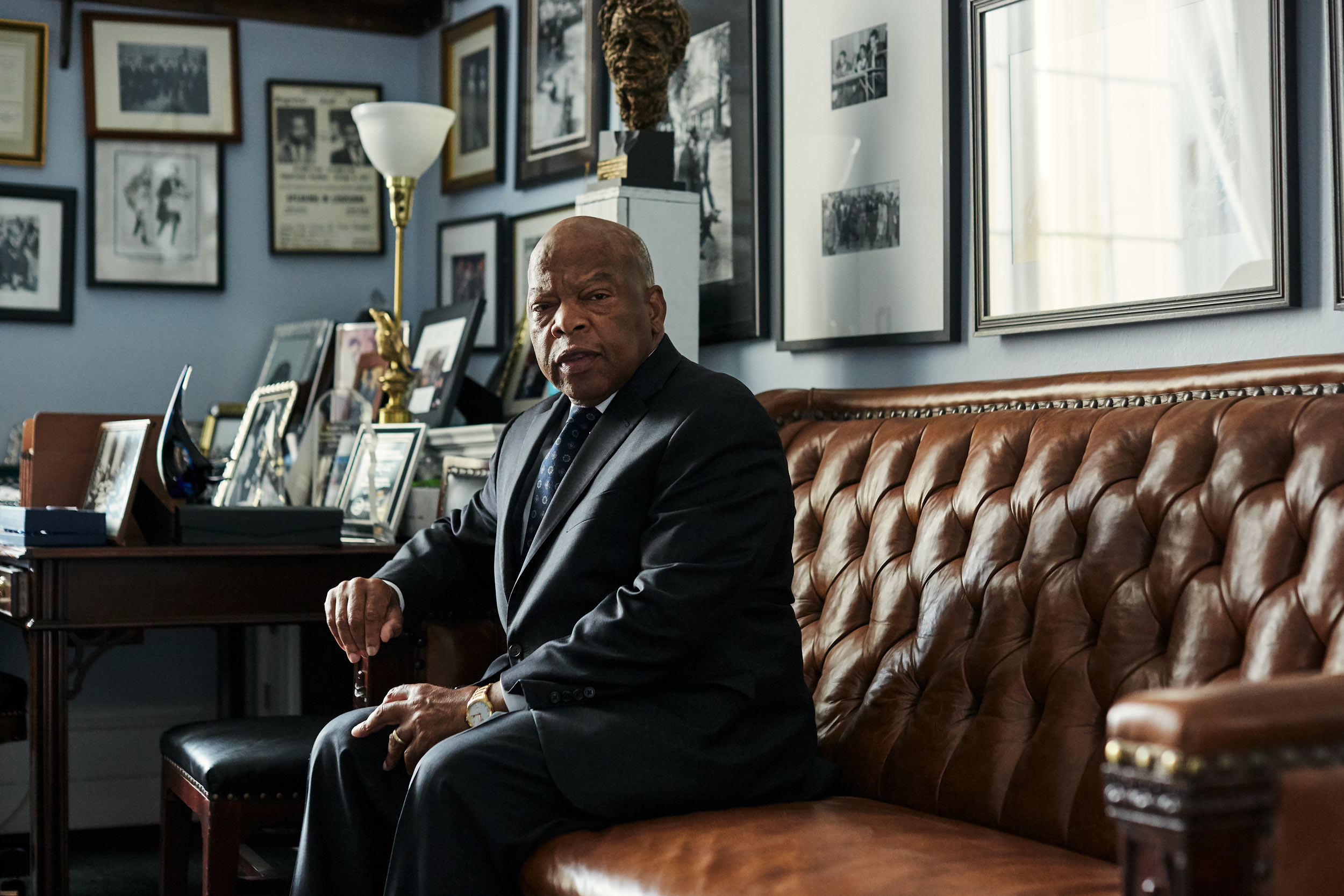 Congressman John Lewis poses for a portrait on a couch in his office at Cannon House Office Building in Washington, DC.